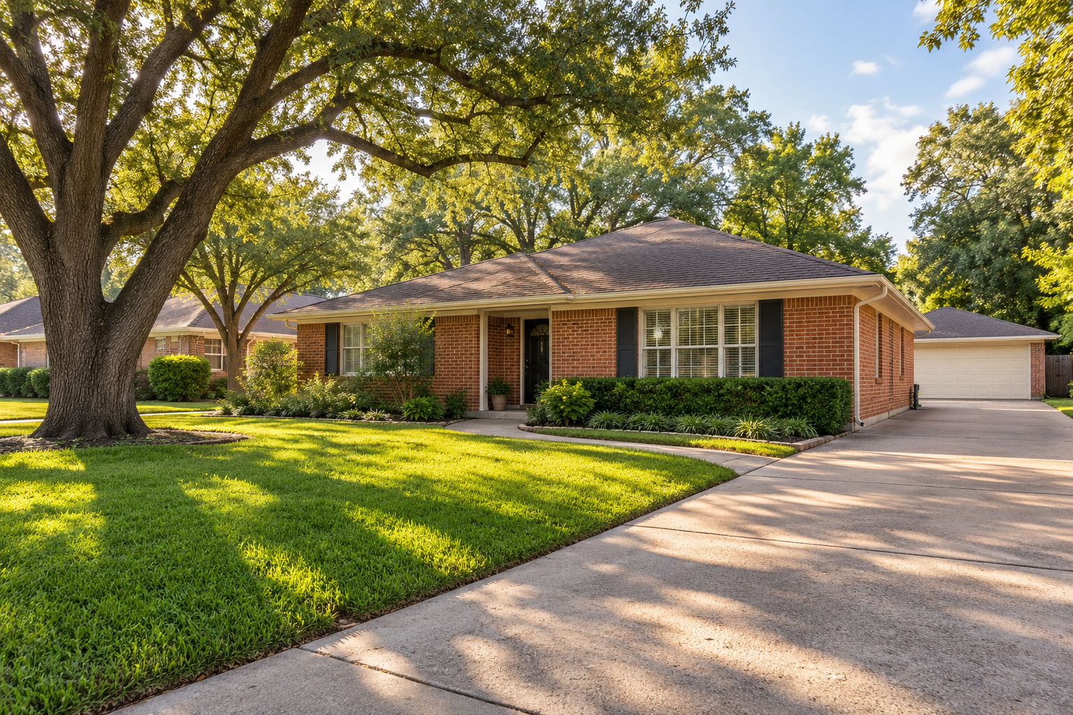 Illustrative brick resale home with mature trees